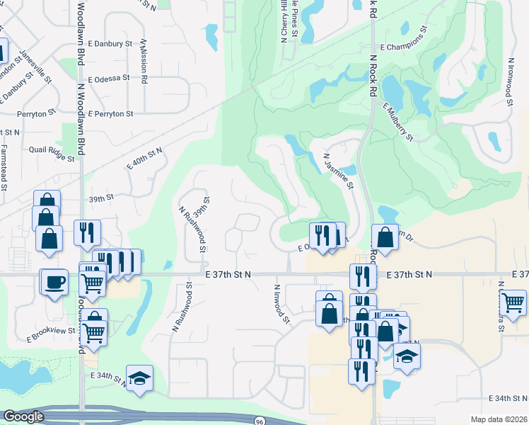 map of restaurants, bars, coffee shops, grocery stores, and more near 7417 E Cedaridge Cir in Wichita