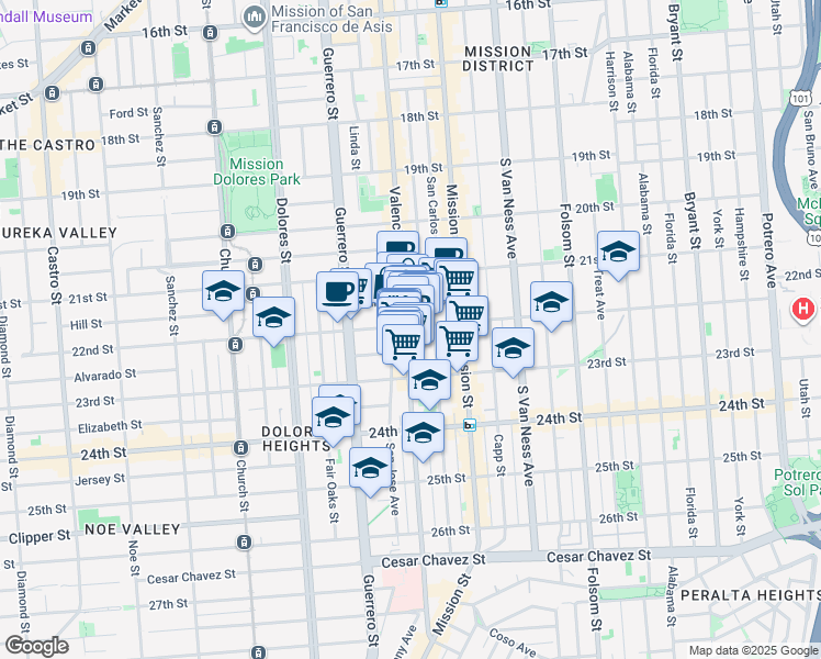 map of restaurants, bars, coffee shops, grocery stores, and more near 1101 Valencia Street in San Francisco