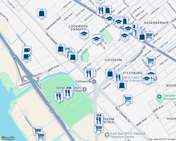 map of restaurants, bars, coffee shops, grocery stores, and more near 805 70th Avenue in Oakland