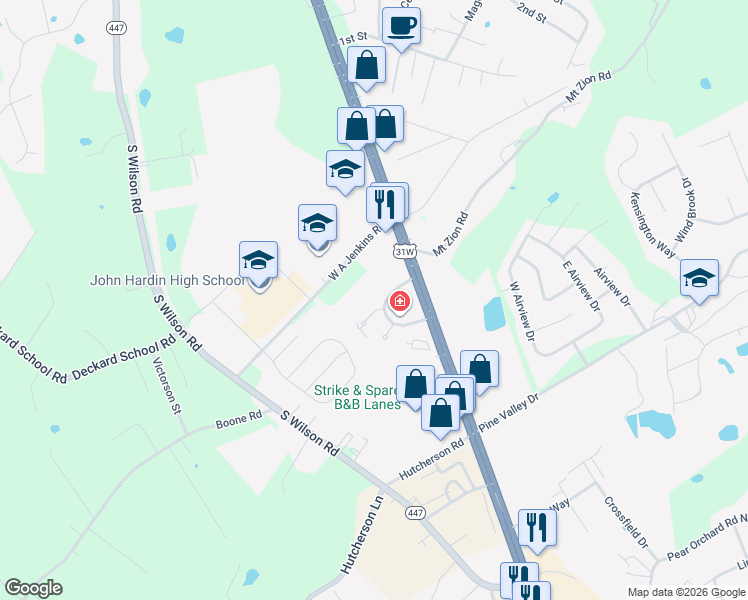 map of restaurants, bars, coffee shops, grocery stores, and more near 100 Warwick Circle in Elizabethtown