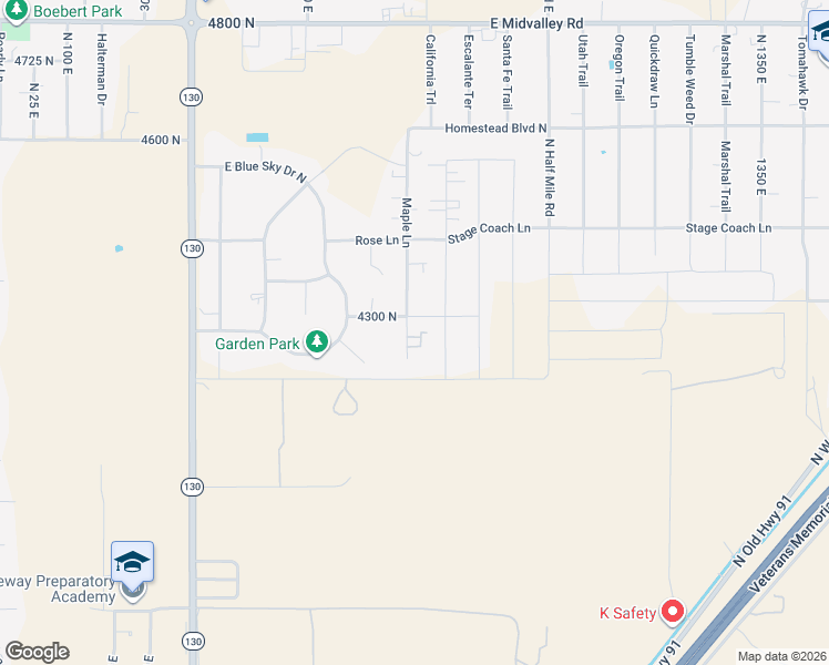 map of restaurants, bars, coffee shops, grocery stores, and more near 4297 Prospector Lane in Cedar City