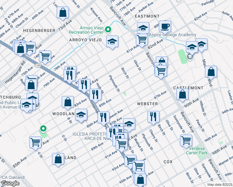 map of restaurants, bars, coffee shops, grocery stores, and more near 1663 85th Avenue in Oakland