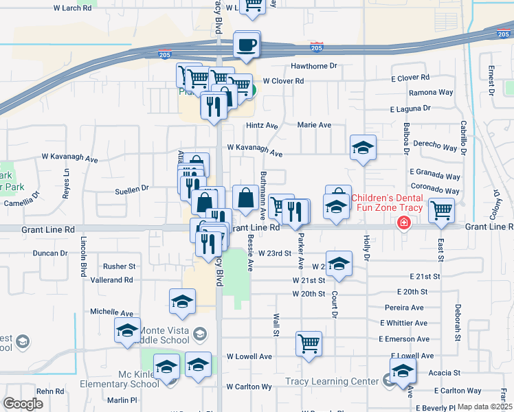 map of restaurants, bars, coffee shops, grocery stores, and more near 2525 Buthmann Avenue in Tracy