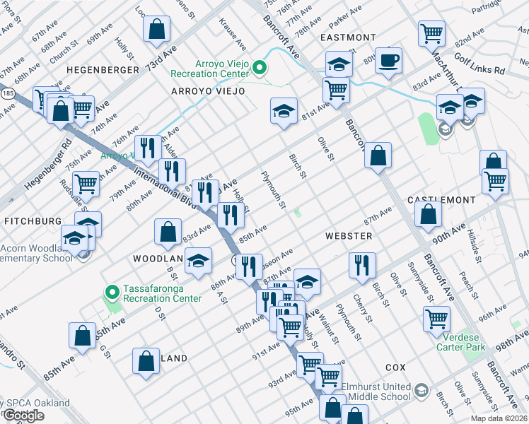 map of restaurants, bars, coffee shops, grocery stores, and more near 1630 84th Avenue in Oakland