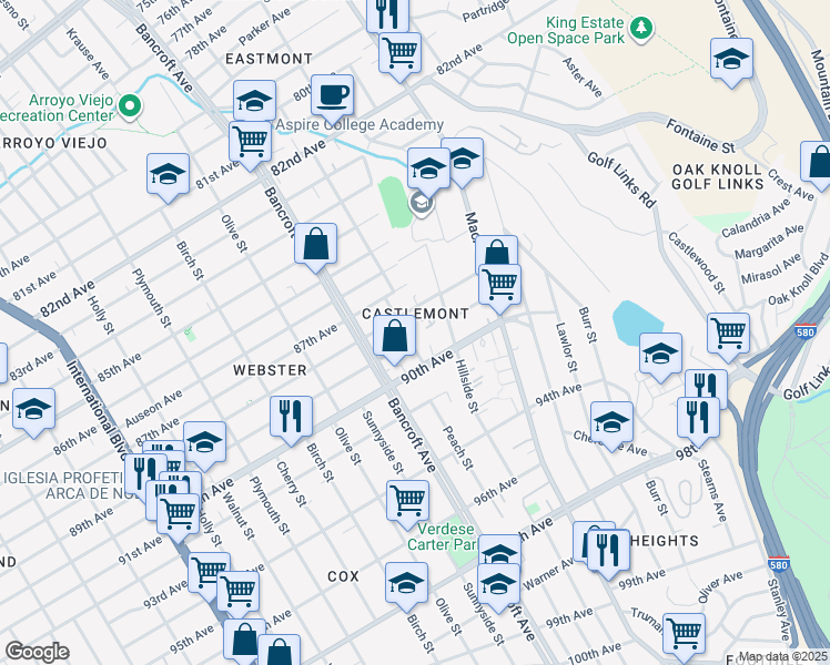 map of restaurants, bars, coffee shops, grocery stores, and more near 8836 Dowling Street in Oakland