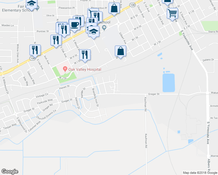 map of restaurants, bars, coffee shops, grocery stores, and more near 566 Latigo Drive in Oakdale