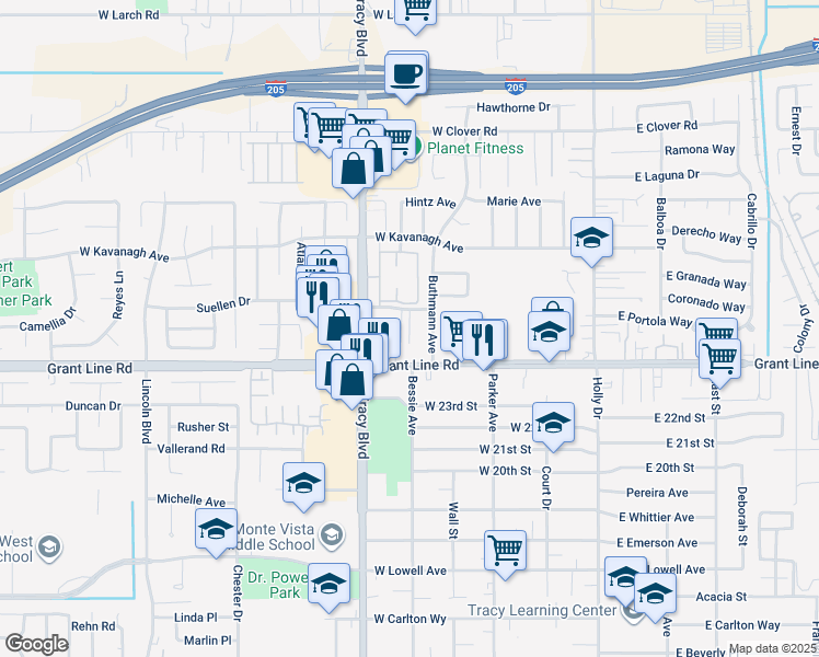 map of restaurants, bars, coffee shops, grocery stores, and more near 2525 Buthmann Avenue in Tracy