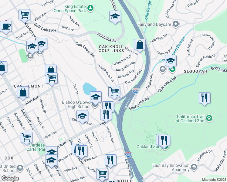 map of restaurants, bars, coffee shops, grocery stores, and more near 9526 Golf Links Road in Oakland