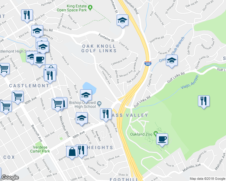 map of restaurants, bars, coffee shops, grocery stores, and more near 9526 Golf Links Road in Oakland