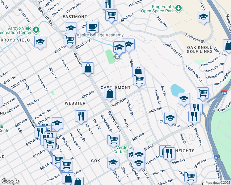 map of restaurants, bars, coffee shops, grocery stores, and more near 8900 Dowling Street in Oakland