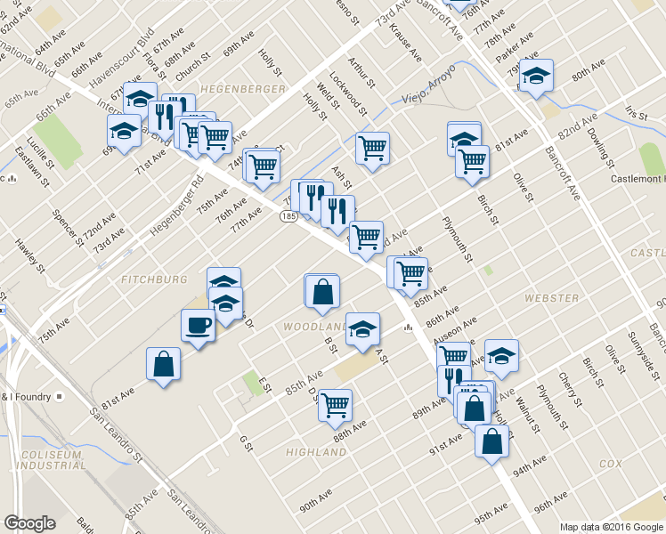 map of restaurants, bars, coffee shops, grocery stores, and more near 1279 82nd Avenue in Oakland