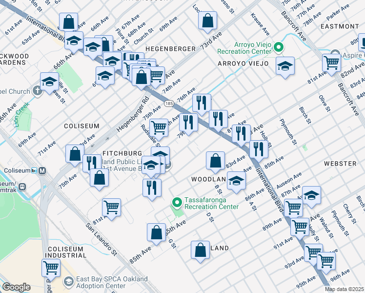 map of restaurants, bars, coffee shops, grocery stores, and more near 1234 80th Avenue in Oakland