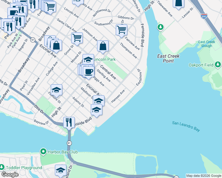 map of restaurants, bars, coffee shops, grocery stores, and more near 3284 Briggs Avenue in Alameda