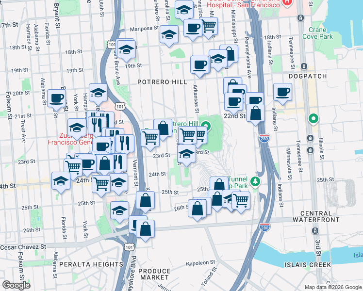 map of restaurants, bars, coffee shops, grocery stores, and more near 1074 Carolina Street in San Francisco