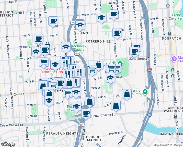 map of restaurants, bars, coffee shops, grocery stores, and more near 2327 Humboldt Street in San Francisco