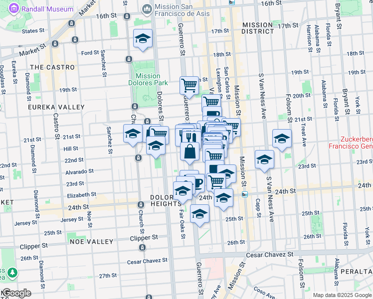 map of restaurants, bars, coffee shops, grocery stores, and more near 3433 22nd Street in San Francisco