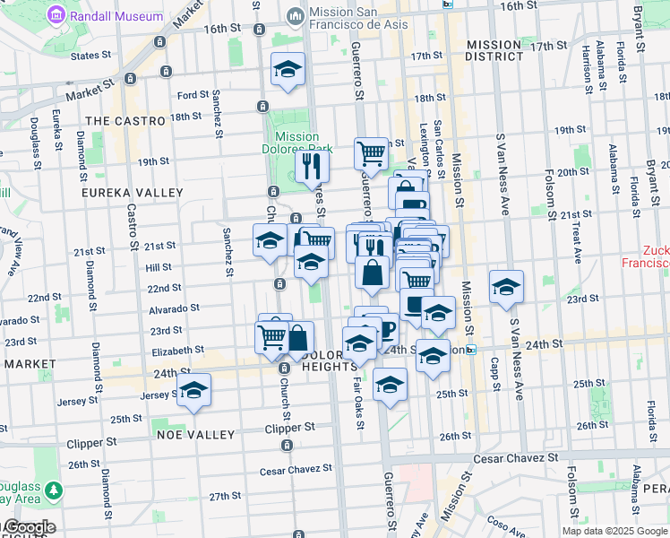 map of restaurants, bars, coffee shops, grocery stores, and more near 900 Dolores Street in San Francisco
