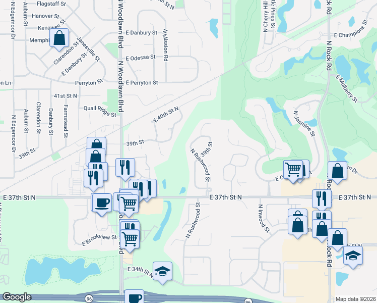 map of restaurants, bars, coffee shops, grocery stores, and more near 3925 N Rushwood St in Wichita