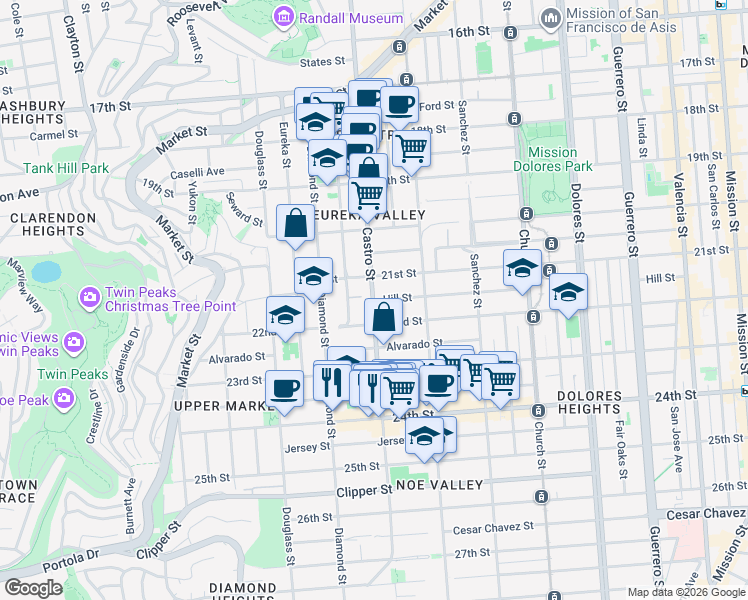 map of restaurants, bars, coffee shops, grocery stores, and more near Castro St & Hill St in San Francisco