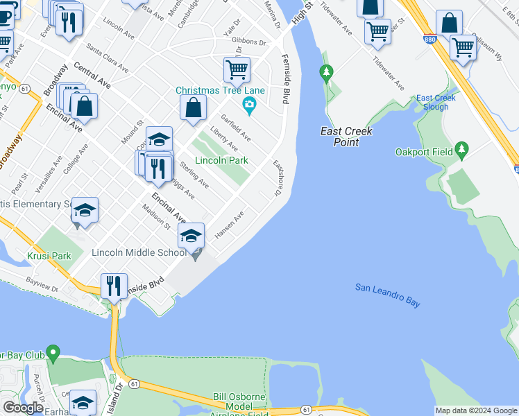 map of restaurants, bars, coffee shops, grocery stores, and more near 1403 Eastshore Drive in Alameda