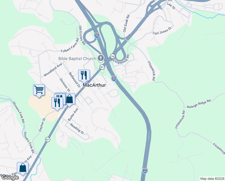 map of restaurants, bars, coffee shops, grocery stores, and more near 156 Stratford Street in Beckley