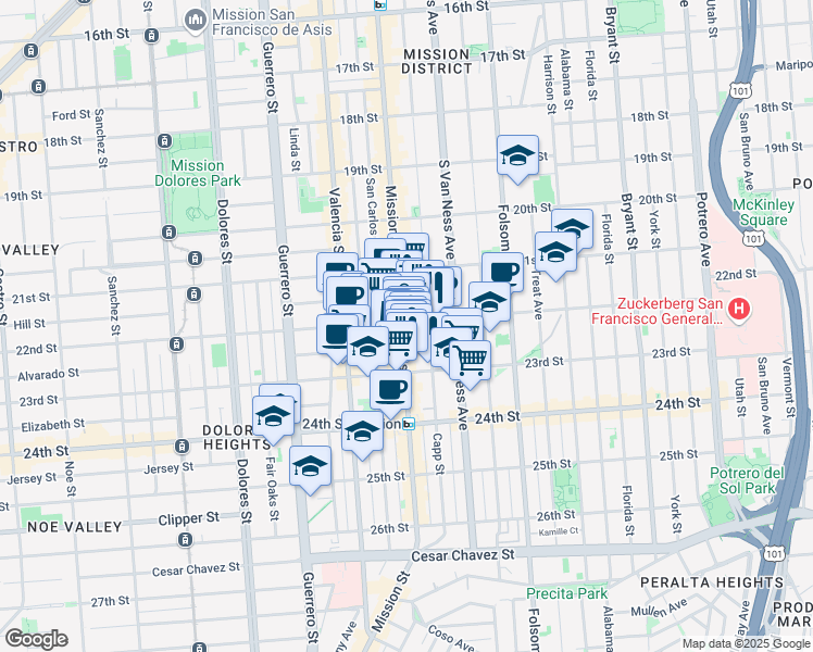 map of restaurants, bars, coffee shops, grocery stores, and more near 2619 Mission Street in San Francisco