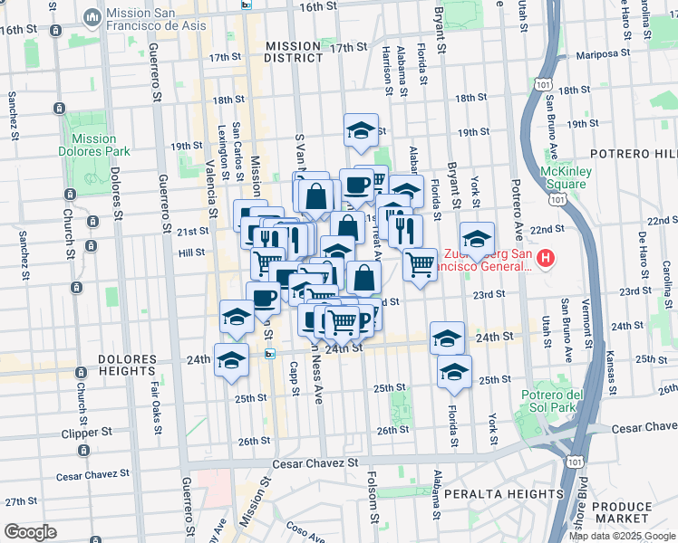 map of restaurants, bars, coffee shops, grocery stores, and more near 825 Shotwell Street in San Francisco