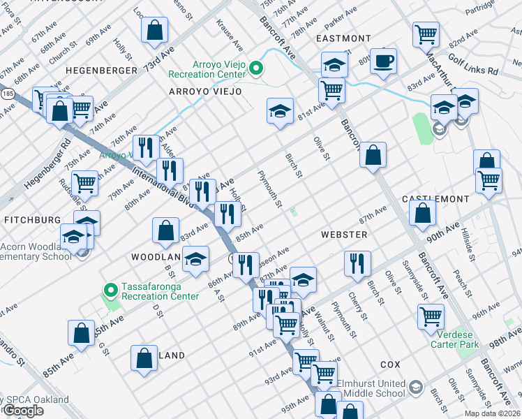 map of restaurants, bars, coffee shops, grocery stores, and more near 1630 84th Avenue in Oakland