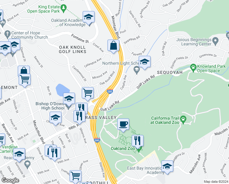 map of restaurants, bars, coffee shops, grocery stores, and more near 9670 Mountain Boulevard in Oakland