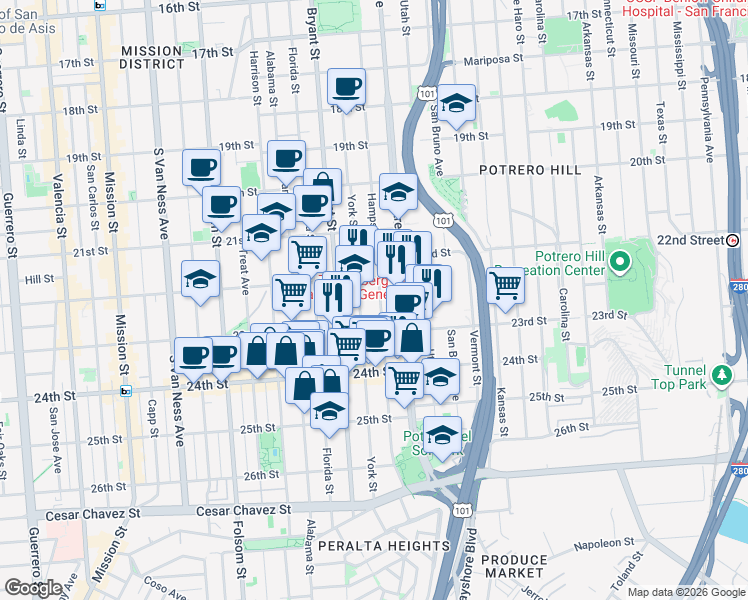 map of restaurants, bars, coffee shops, grocery stores, and more near 1075 Hampshire Street in San Francisco