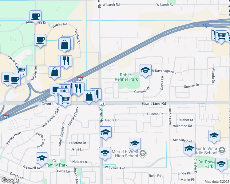 map of restaurants, bars, coffee shops, grocery stores, and more near 2610 Meadow Brook Lane in Tracy