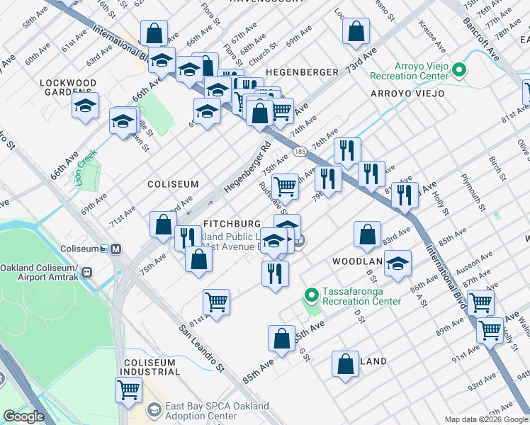 map of restaurants, bars, coffee shops, grocery stores, and more near 1168 78th Avenue in Oakland