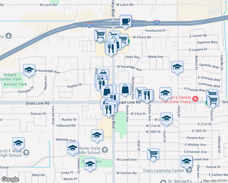 map of restaurants, bars, coffee shops, grocery stores, and more near 2610 South Tracy Boulevard in Tracy