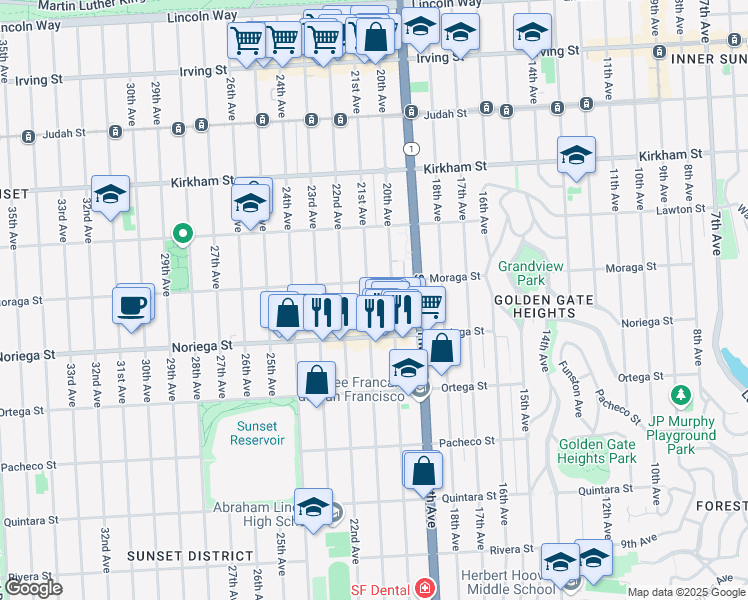 map of restaurants, bars, coffee shops, grocery stores, and more near 1730 21st Avenue in San Francisco