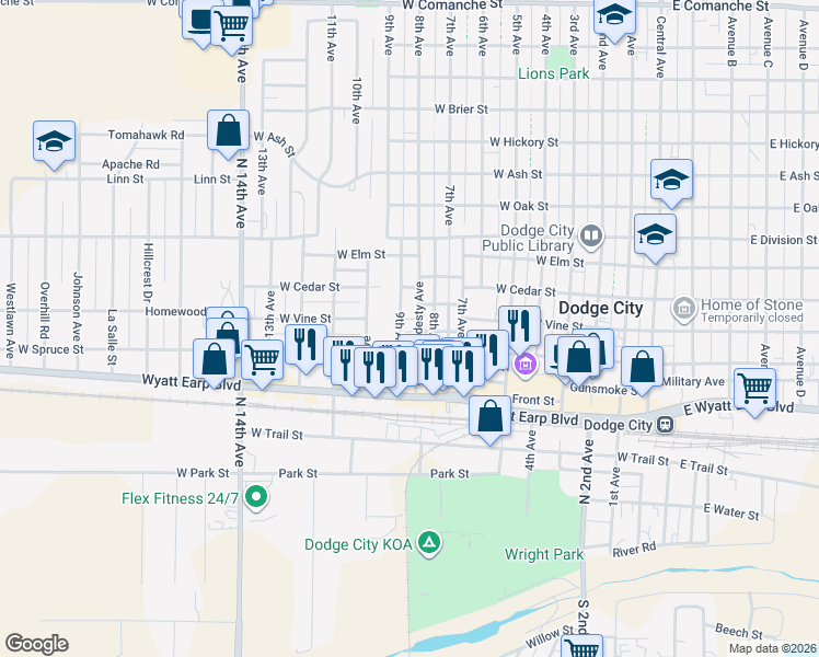 map of restaurants, bars, coffee shops, grocery stores, and more near 801 Ford County Avenue in Dodge City