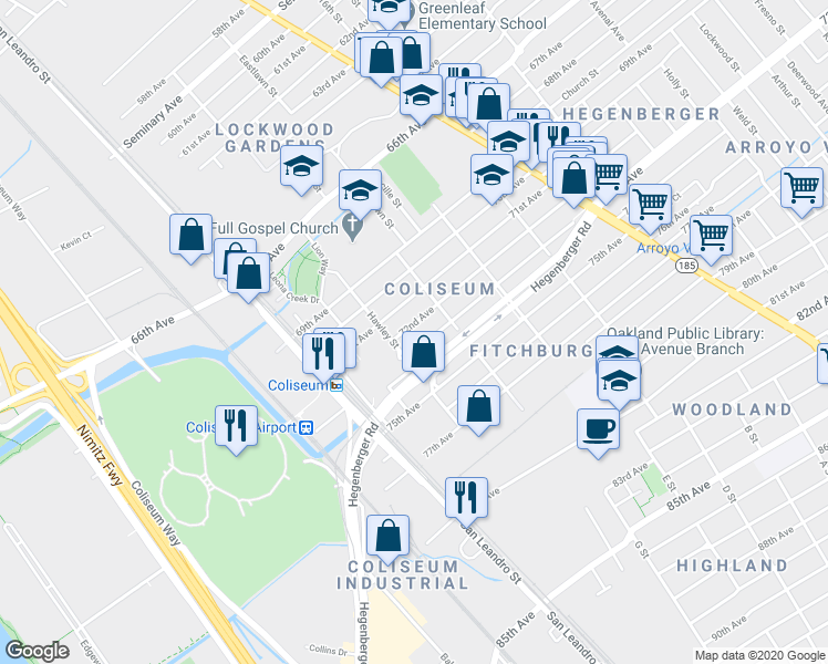 map of restaurants, bars, coffee shops, grocery stores, and more near 902 72nd Avenue in Oakland