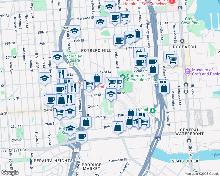 map of restaurants, bars, coffee shops, grocery stores, and more near 999 Wisconsin Street in San Francisco