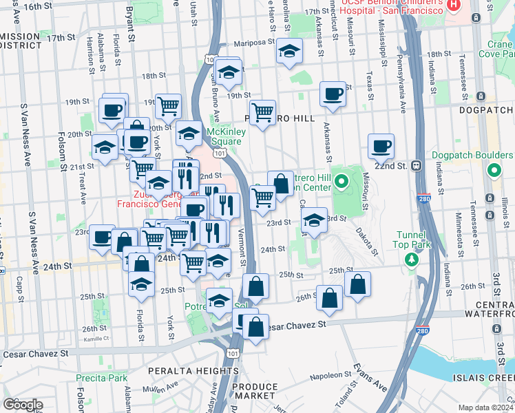 map of restaurants, bars, coffee shops, grocery stores, and more near 2327 Humboldt Street in San Francisco