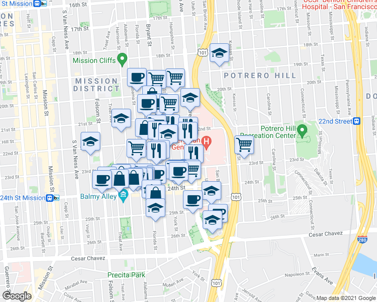 map of restaurants, bars, coffee shops, grocery stores, and more near 1075 Hampshire Street in San Francisco