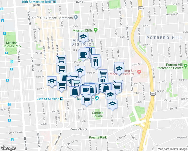 map of restaurants, bars, coffee shops, grocery stores, and more near 986-998 Treat Avenue in San Francisco