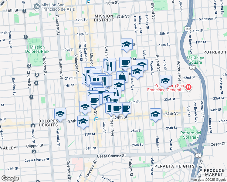 map of restaurants, bars, coffee shops, grocery stores, and more near 1136 South Van Ness Avenue in San Francisco