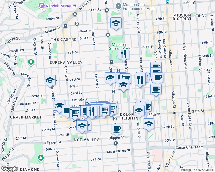 map of restaurants, bars, coffee shops, grocery stores, and more near 3630 22nd Street in San Francisco
