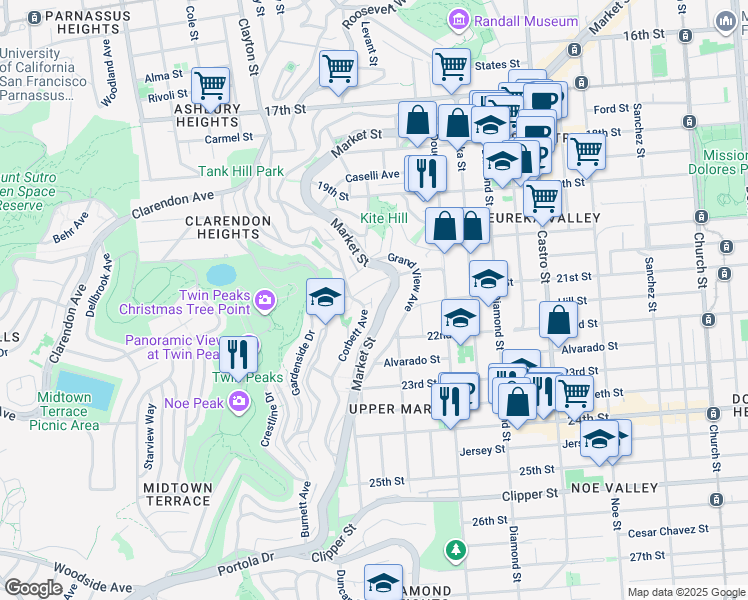 map of restaurants, bars, coffee shops, grocery stores, and more near 3678 Market Street in San Francisco