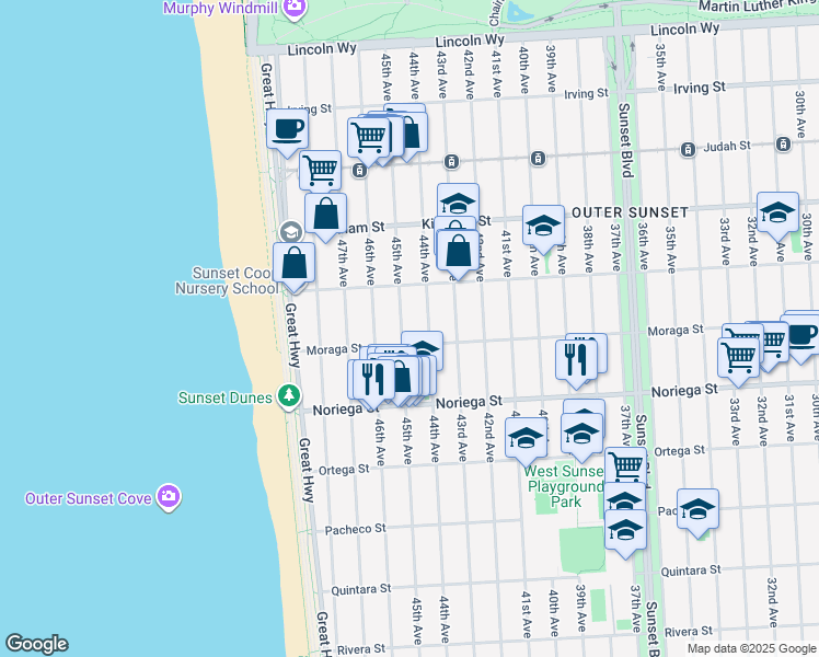 map of restaurants, bars, coffee shops, grocery stores, and more near 3800 Moraga Street in San Francisco