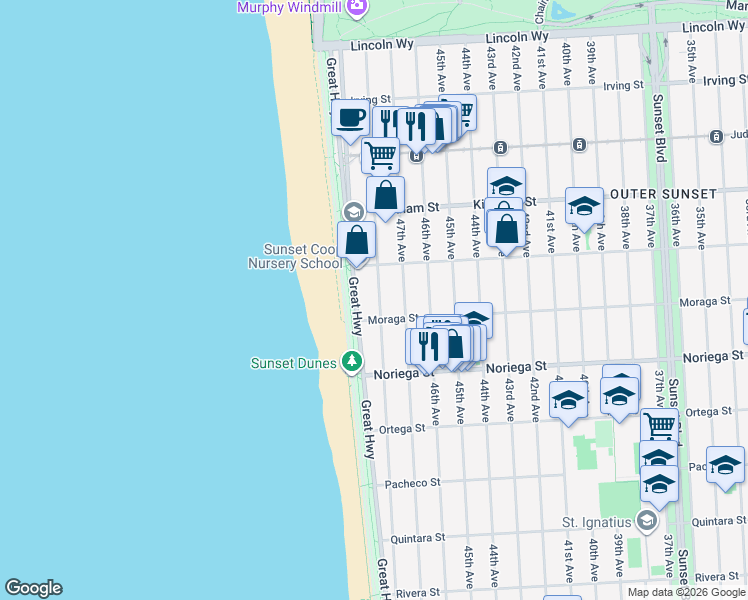 map of restaurants, bars, coffee shops, grocery stores, and more near 1685 48th Avenue in San Francisco