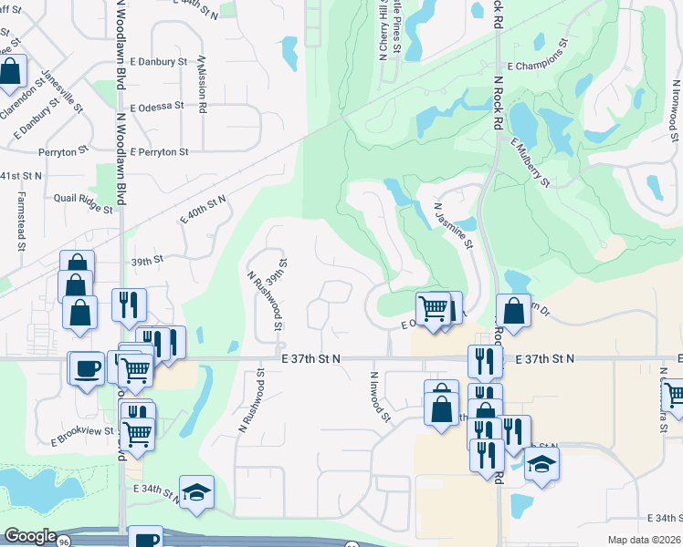 map of restaurants, bars, coffee shops, grocery stores, and more near 7309 E Cedaridge Cir in Wichita