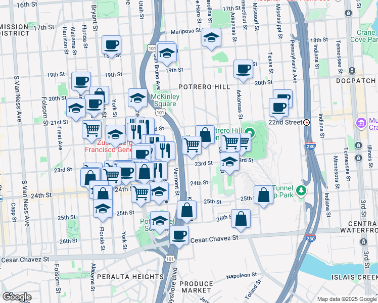 map of restaurants, bars, coffee shops, grocery stores, and more near 1133 Kansas Street in San Francisco