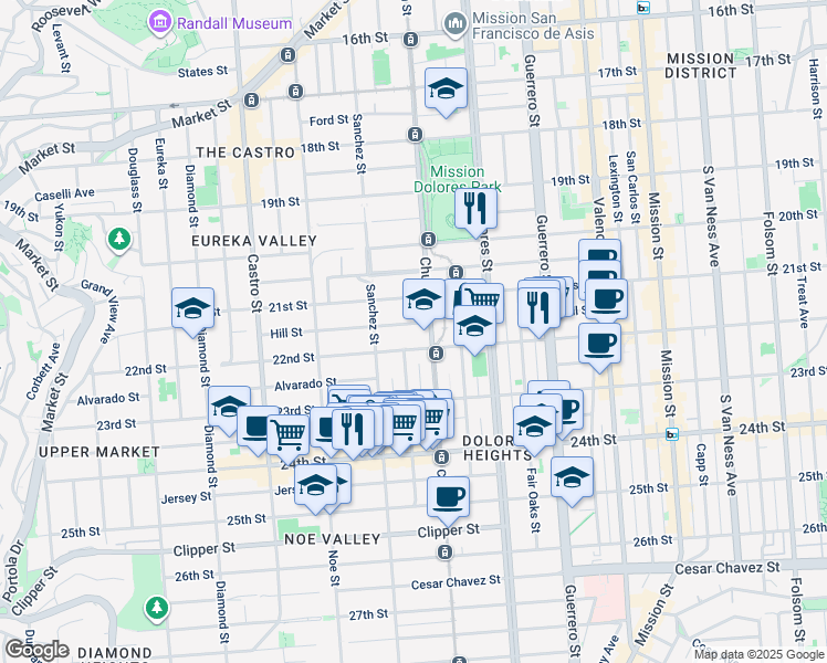 map of restaurants, bars, coffee shops, grocery stores, and more near 3630 22nd Street in San Francisco