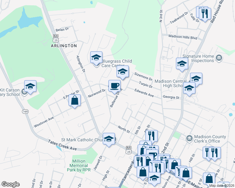 map of restaurants, bars, coffee shops, grocery stores, and more near 300 Bellevue Drive in Richmond