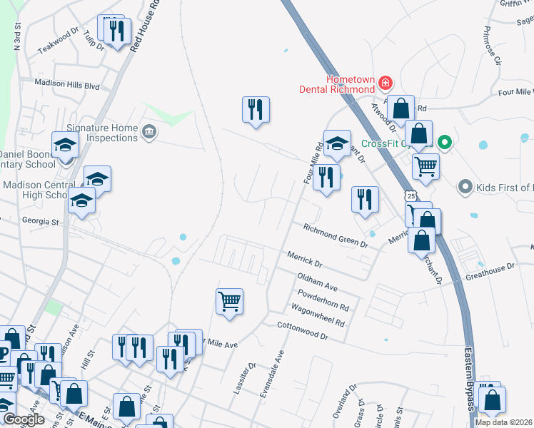 map of restaurants, bars, coffee shops, grocery stores, and more near 5020 South Cross Point Court in Richmond